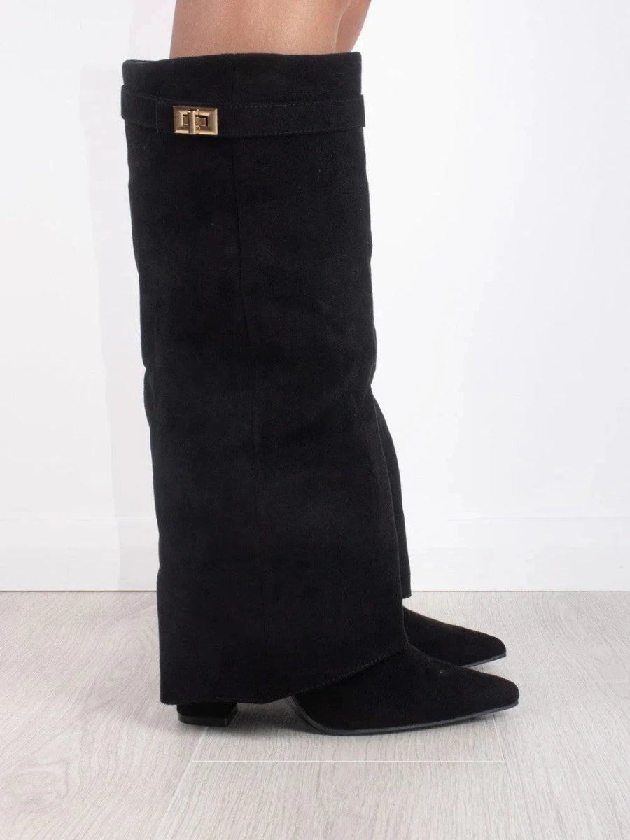 Elegant women's suede and leather boots with subtle golden accents